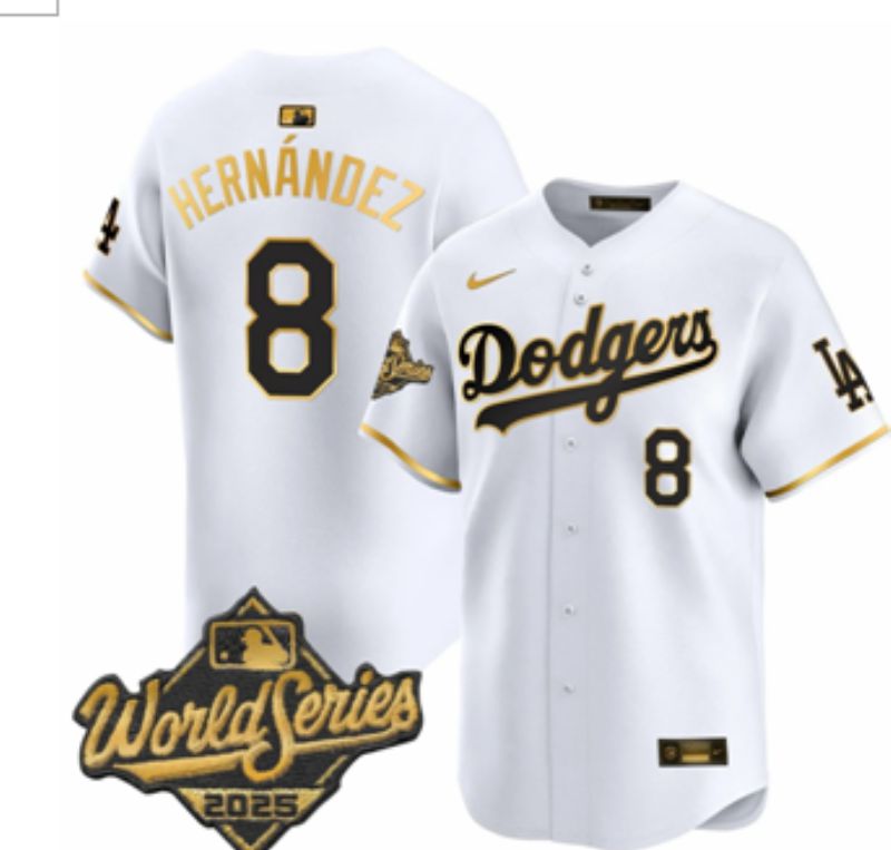 Men Los Angeles Dodgers #8 Hernandez White Gold 2026 Nike Game MLB Jersey 001